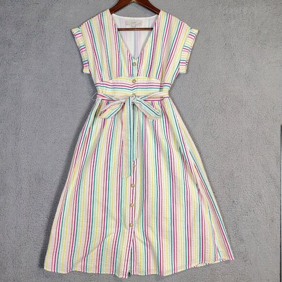 LOFT Dresses & Skirts - Loft Shirt Dress Women's 0 Petite White Rainbow Striped Seersucker A-Line Belted